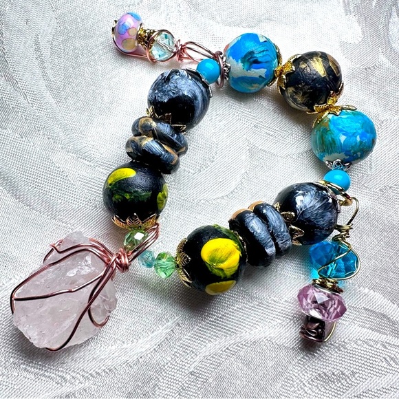 Handmade Charm Bracelet with Hand-Painted Beads & Wire-Wrapped Accents 6-7 3130 - Picture 3 of 8
